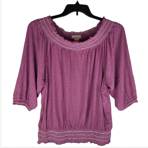 Candie's Tops - Candie's Pink White Geo Printed Smocked Stretch Neck Off Shoulder Top Size XL
